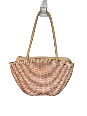 Vintage Ellepi Italy Woven Leather Tote Bag Beige Pink Coastal Boho Handbag